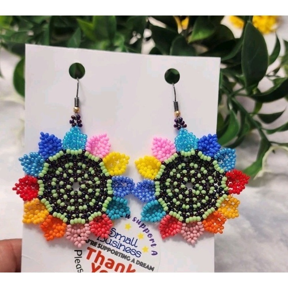 Boho Sunflower Seed Bead Earrings - Multicolor Floral Dangle Jewelry - Handmade